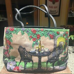 Al Fresco- Beautiful Beaded  Vino Floral Garden Scene Tote Bag